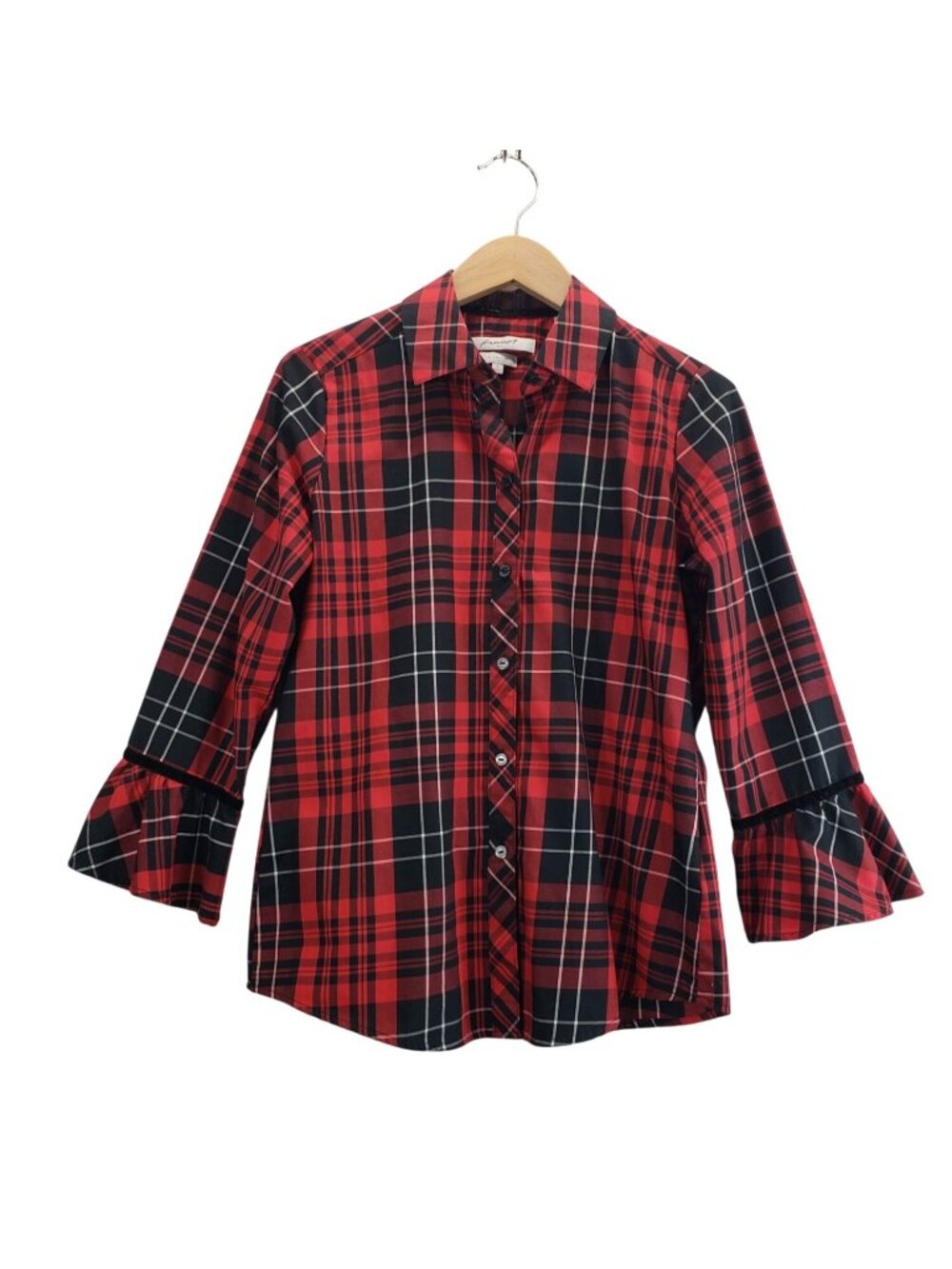 Foxcroft Plaid Shirt Red Black 6 Wrinkle Free Velvet Trim Bell Cuffs Holiday